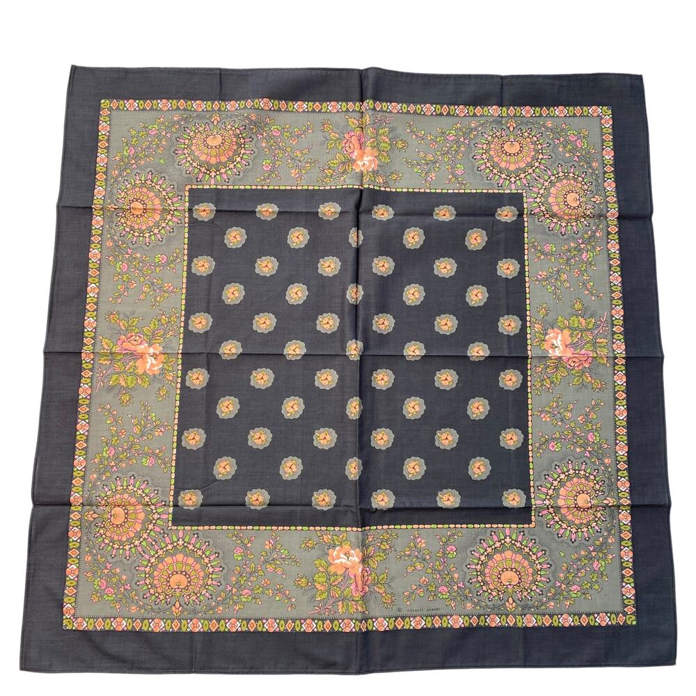 New Souleiado Charles Demery Cotton Scarf Square Gray Pink Floral Large 30"x30"‎